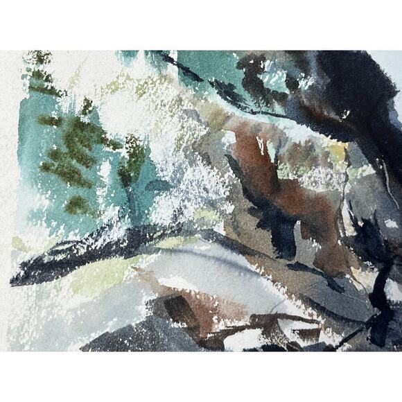 Beautiful Vintage Water Color Painting art. Cliffs,Water, Woods. Nature. signed - Picture 6 of 9